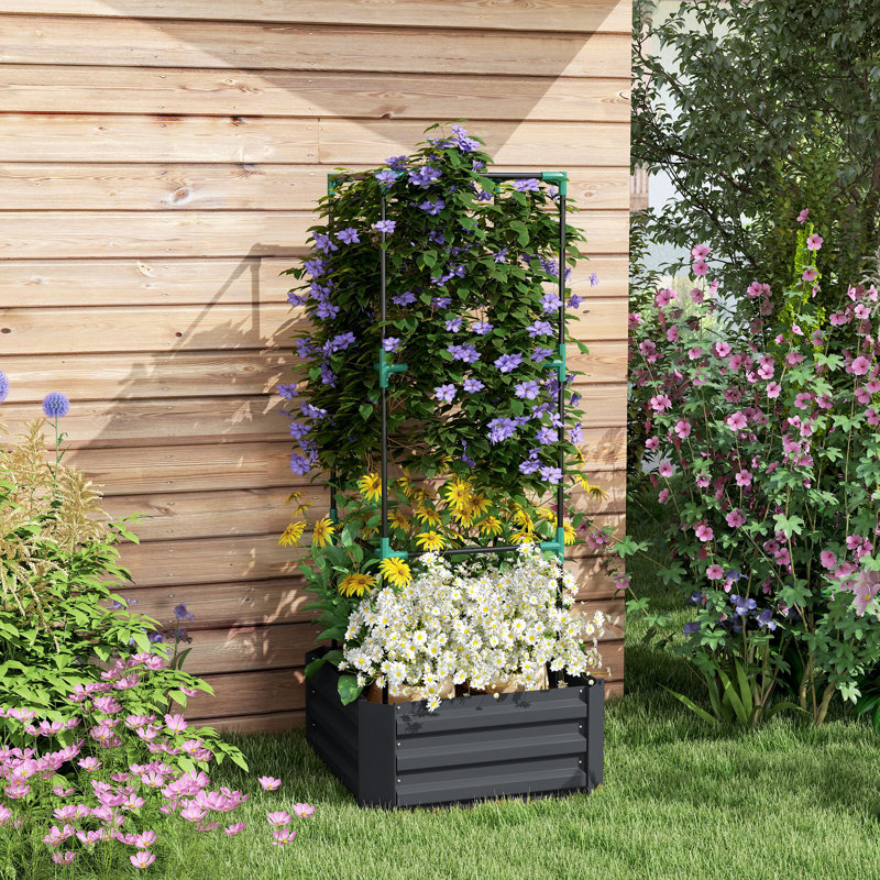 Galvanized Planter Box, 24" X 24" X 55" Raised Garden Bed With Tomato Cage For Climbing Vines, Dark Gray, Dark Gray
