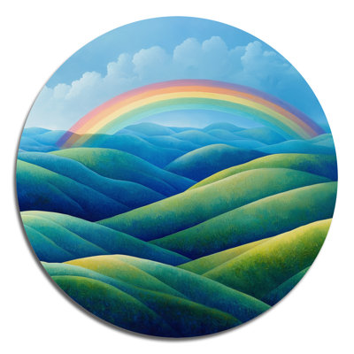 Rainbow in the Rolling Hills II - Traditional Green, reproduction d'art sur métal, art mural rond en métal arc-en-ciel