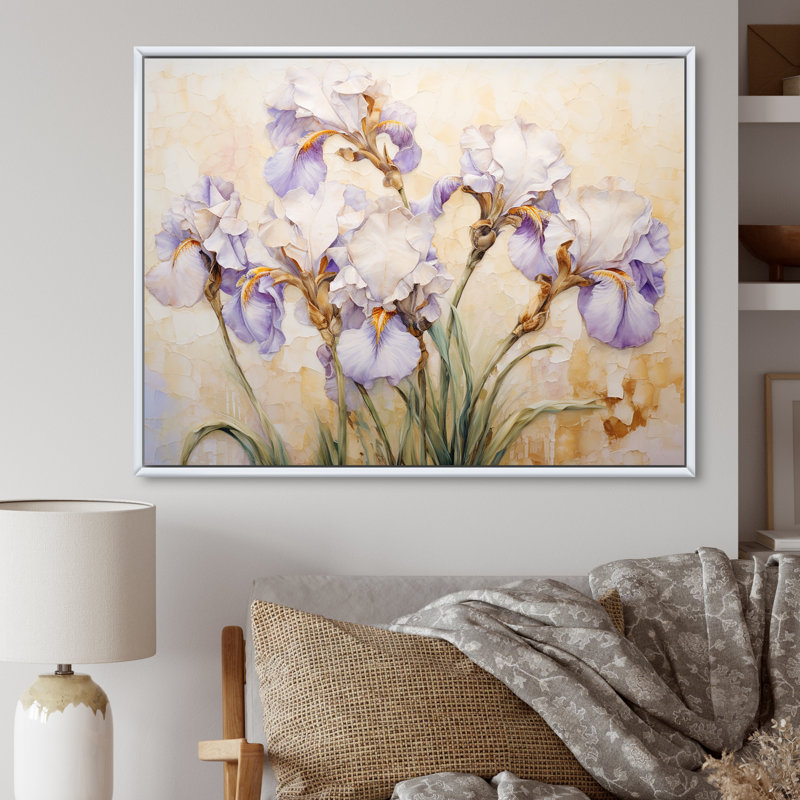 Beige minimalisme iris pétales radieux III, Cadre flottant blanc, H 34 po x l 44 po x P 1,5 po