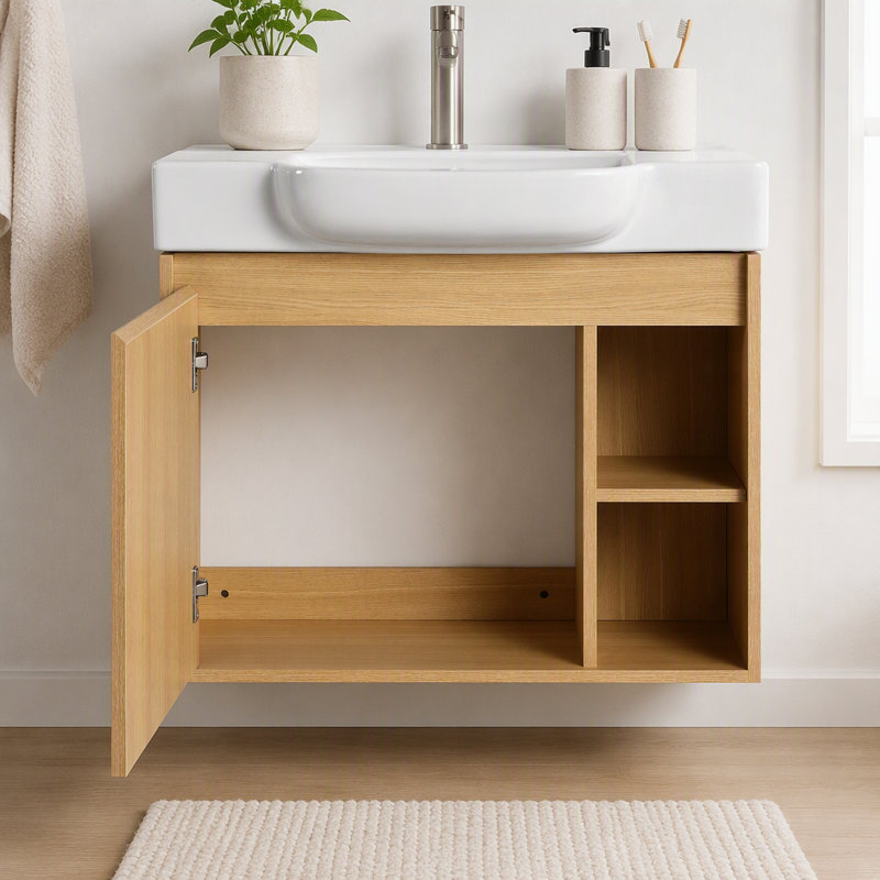 Meuble-lavabo mural avec lavabo en céramique blanche et porte à fermeture en douceur, Light Oak, 27"