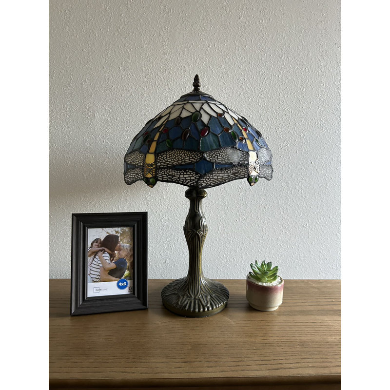 Lowell Tiffany Table Lamp Blue Stained Glass Dragonfly LED Bulb Included 12"W 12"D 19"H