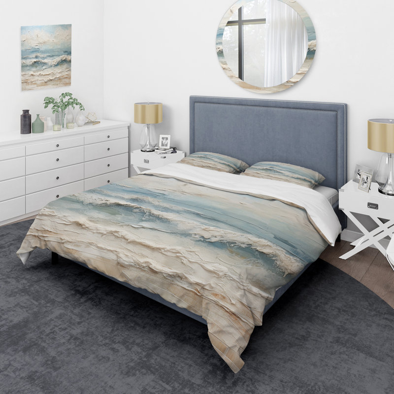 Ensemble de housse de couette beige et bleu Coastal Beach, Housse de couette simple et deux taies décorative