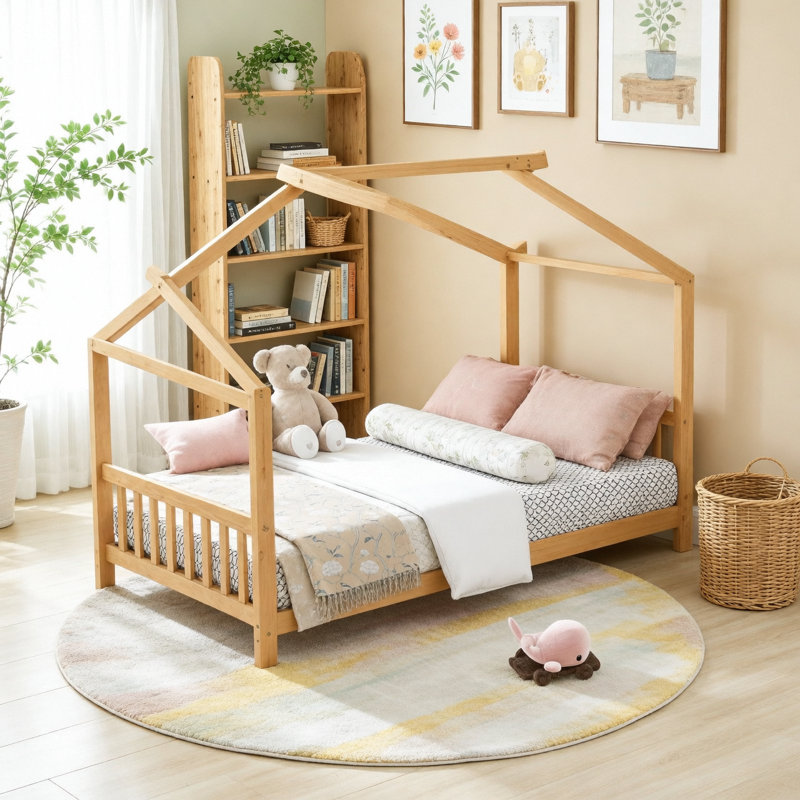 Twin Size House Platform Bed With Headboard And Footboard,Roof Design,Natural