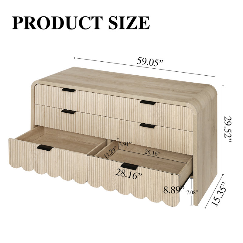 Fluted 6 Drawers Dresser For Bedroom, 59" Wide Modern Chest Of Drawers With Metal Handles, Curved Edge Design, Dresser TV Stand, Modern Dressers With Wave Texture For Living Room, Hallway