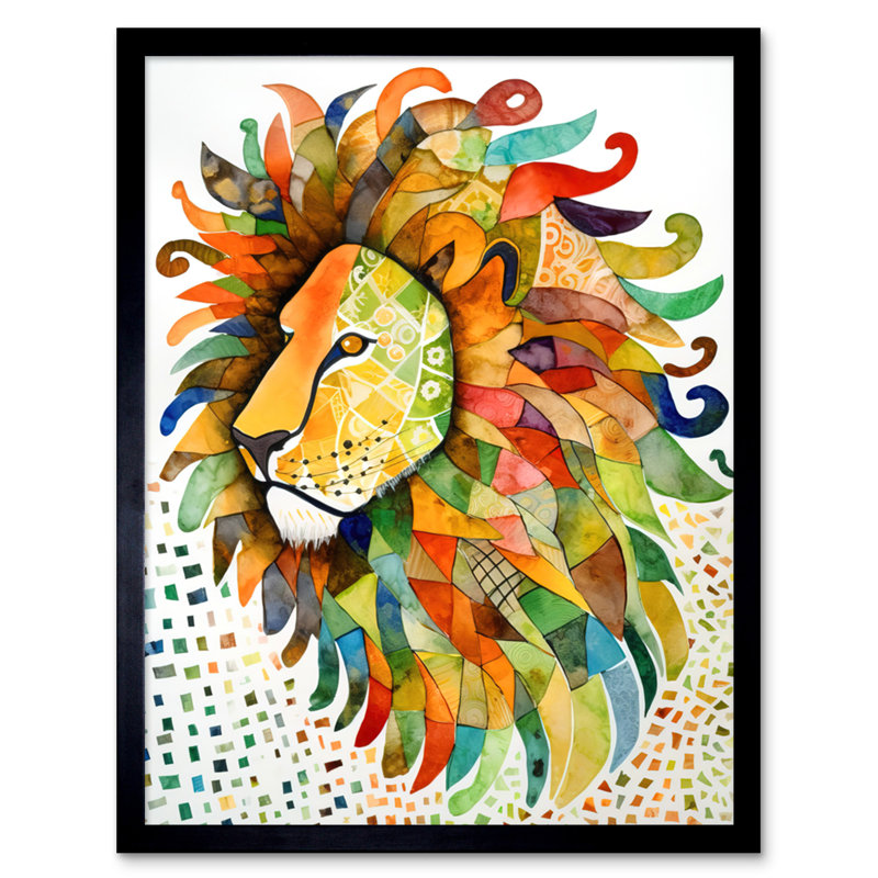 Lion's Head Multicoloured Folk Art Watercolour Painting Artwork Framed Wall Art Print 9X7 Inch
