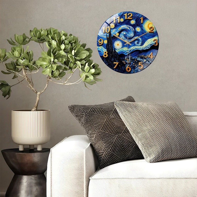 Horloge murale nuit étoilée Van Gogh - horloge murale moderne en verre 12 po
