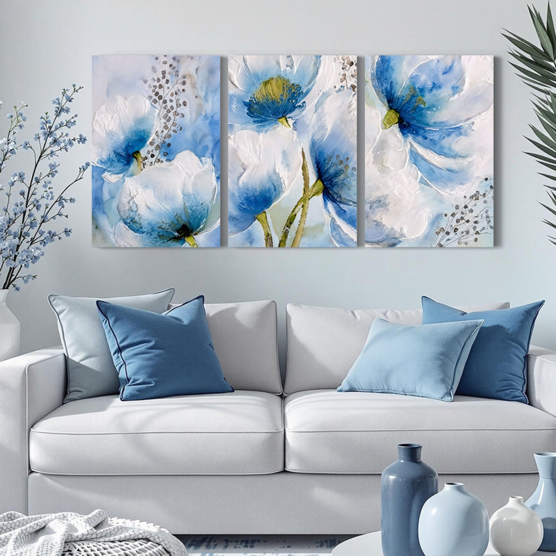 Ensemble de 3 impressions sur toile à motif floral coquelicot bleu et blanc, H 12 po x l 24 po