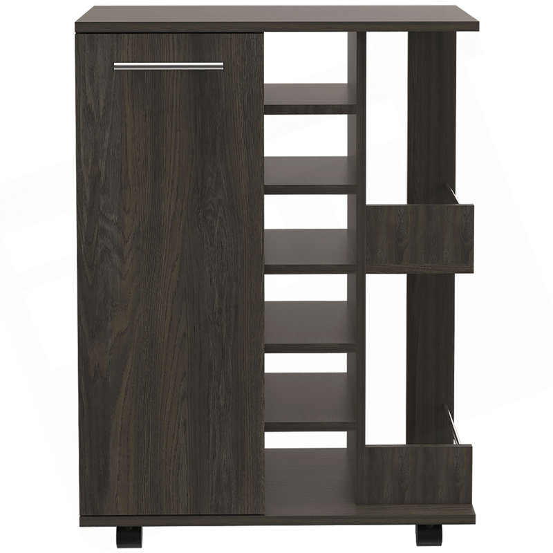 Tennessee Bar Cart, One Cabinet With Division, Six Cubbies For Liquor, Two Shelves, Ebony/Light Brown