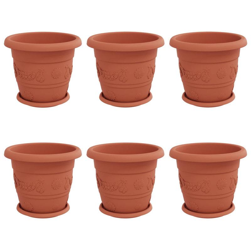  Plant Pots 6 Pcs Plastic, 25cm H x 30cm W x 30cm D, Brick Red