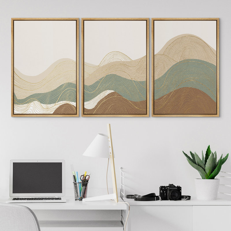 Multicolor Geometric Wave Abstract Mountain Landscape Wall Art Framed Canvas 3 Piece Painting Print, 36" H x 72" W, Natural