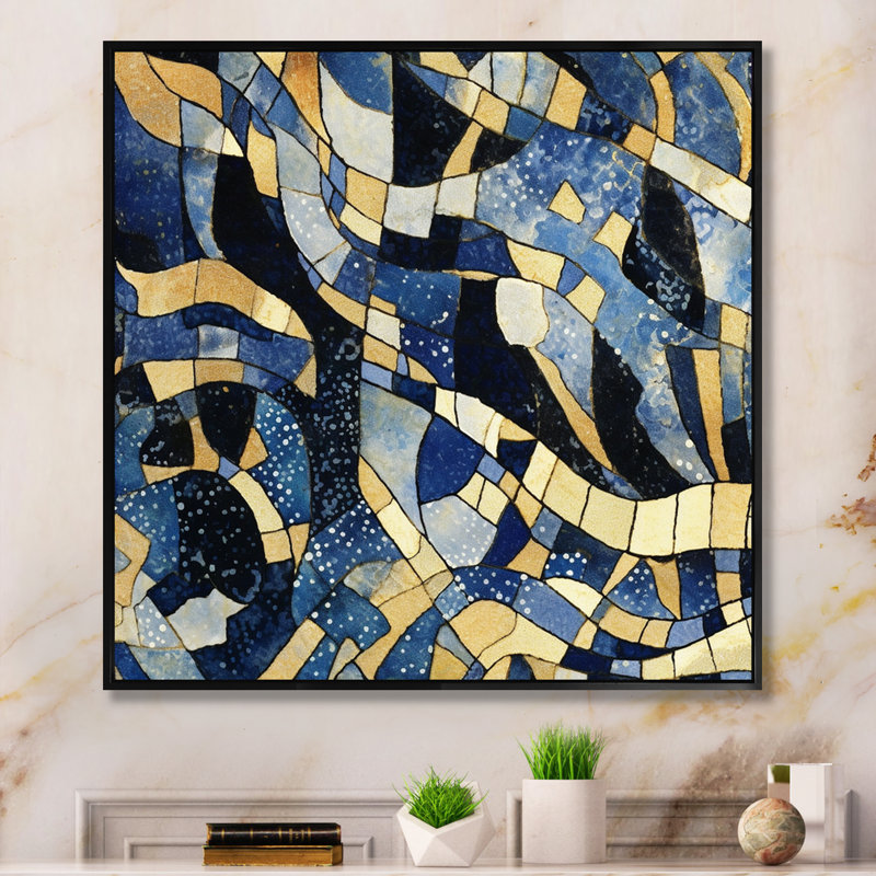 "Motif abstrait avec textures bleues et dorées", impression encadrée sur toile, H 30 po x l 30 po x P 1 po