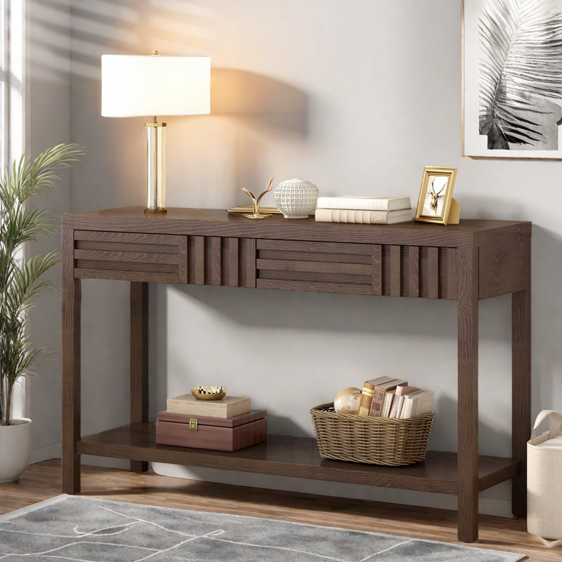 Modern Console Table With Striped Design, 2 Drawers And 2-tier Design, Brown