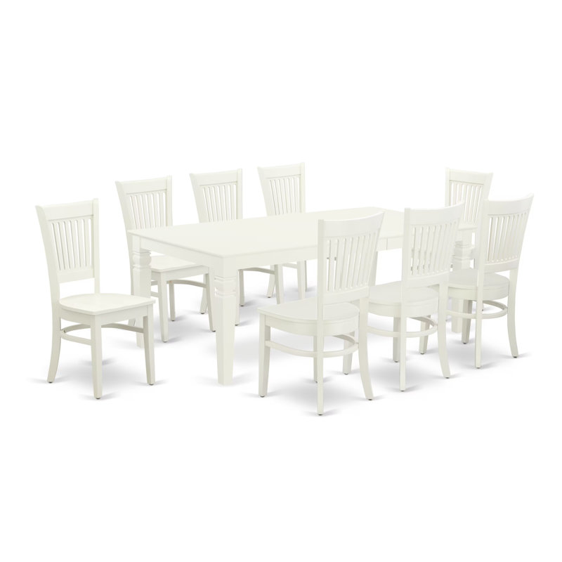 Ensemble de table de salle à manger 9 pièces comprenant une table de salle à manger rectangulaire avec rallonge papillon et 8 chaises en bois, lin blanc
