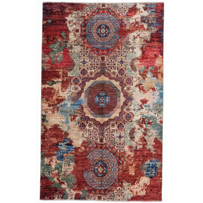 Tapis rouge et bleu noué à la main de haute qualité