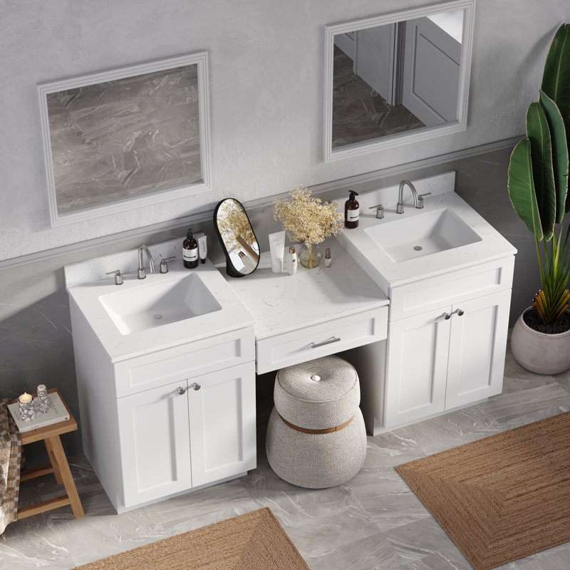 Meuble-lavabo double 72 po avec tiroir en bois massif Disar, Blanc