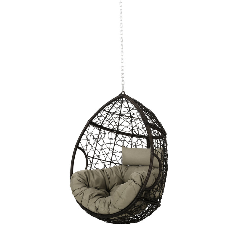 Khaki + Brown Hanging Chair - Weave, Water- Cushions, Teardrop Shape, 44.74H, Professional Installation Required 8Ft Chain , Comfortable Brown, 37.62W X 24.44D