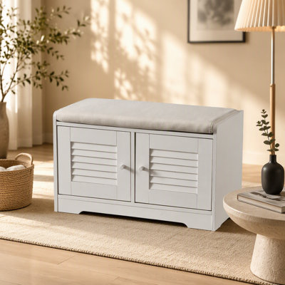 Banc de rangement à chaussures 29,5 "avec armoire à 2 portes, banc d'entrée avec rangement à chaussures blanc, banc à chaussures avec coussin, tablettes réglables