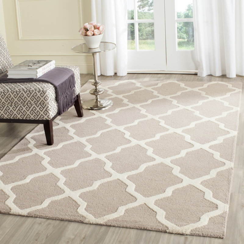 Cannen Hand Tufted Wool Geometric Rug, Rectangle 9' x 12', Ivory/Light Pink