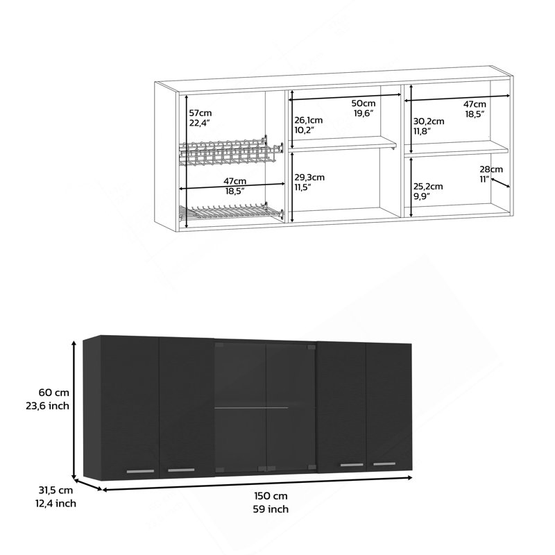 Armoire murale supérieure Peoria, quatre tablettes intérieures, finition wengé noir, Noir
