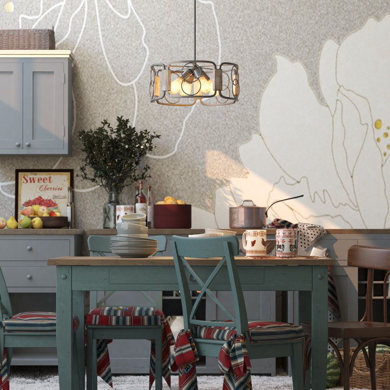 Modern Farmhouse Brushed Silver Gray and Distressed Wood Grain Drum Chandelier