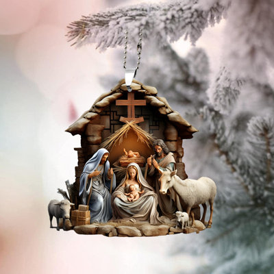 Christmas Pendant Ornament Jesus Family Prayer Scene Pendant Bright Colored Religious Symbol Nativity Pendant for Home Car