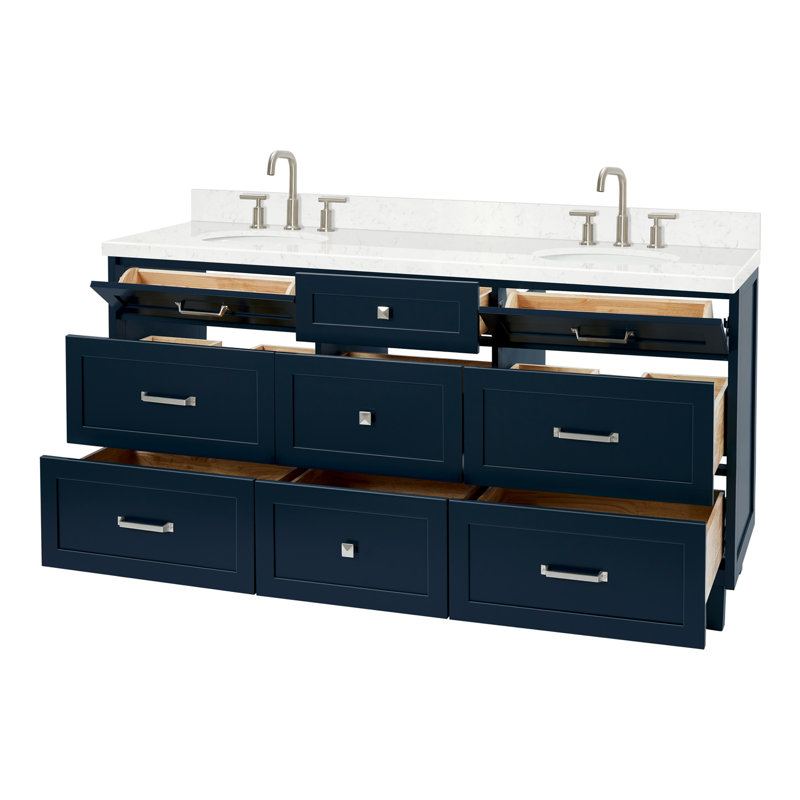 Ariel Monrow 66 Inch Double Oval Sink Bathroom Vanity With Carrara White Quartz Countertop, Midnight Blue