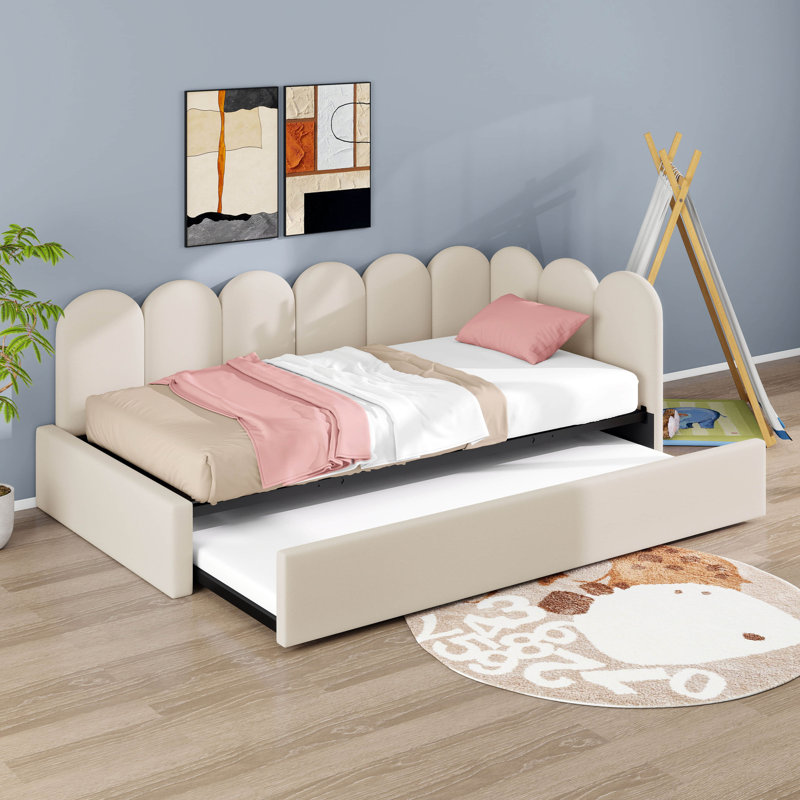Twin Size Upholstered Daybed With Scallop-Shaped Guardrail And Pull-Out Bed, Velvet Sofa Bed, Metal Slatted Frame, Space-Saving Design
