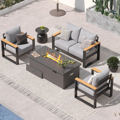 4-Person Aluminum Patio Furniture Set With 50000 Btu Fire Pit Table, Modern Patio Conversation Set With 6'' Olefin Cushions For Balcony, Porch, Backyard