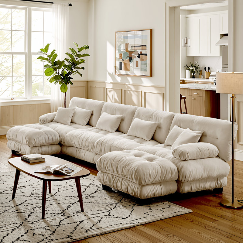 Canapé modulaire en forme de U à combinaison libre avec sièges profonds et 4 repose-pieds convertibles, chenille champagne beige