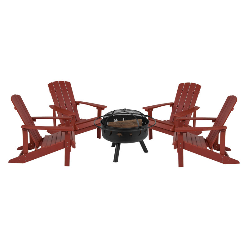 Foyer étoile et lune avec housse en filet et 4 chaises Adirondack en résine de polyester, Rouge