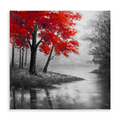 Gray Contemporary Tablecloth - Red Trees & Lake Design