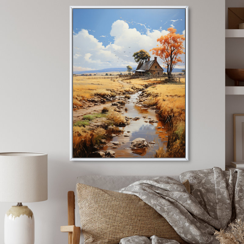 Ferme campagne contemplative - paysage et nature décoration murale, H 32 po x l 16 po x P 1 po, Cadre flottant blanc