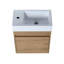 Meuble-lavabo peu encombrant avec lavabo en résine blanche, finition bois, style moderne