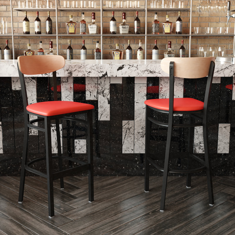 Everlena Commercial Metal Barstool with Wood Seat and Boomerang Back, Natural Birch, Red