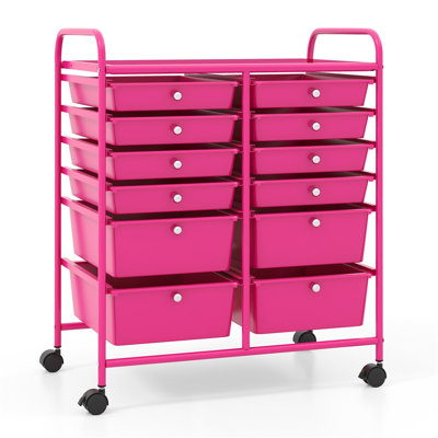  12-Drawer Rolling Storage Cart with Removable Drawers, Lockable Casters & Heavy-Duty Metal Frame, Pink