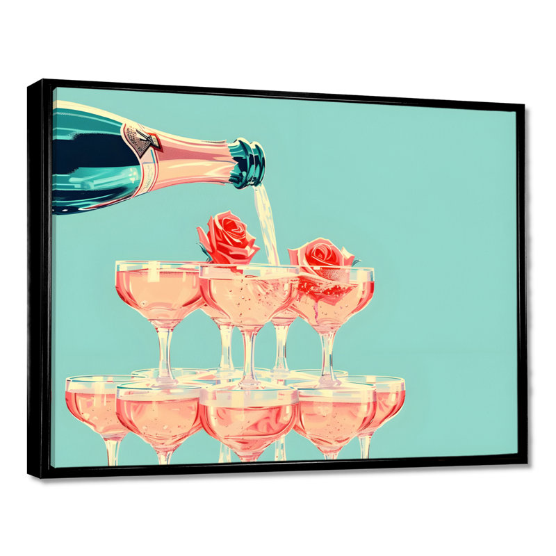 Champagne champagne bulles - Art mural champagne, Toile avec cadre flottant noir, H 12 po x l 20 po x P 1 po