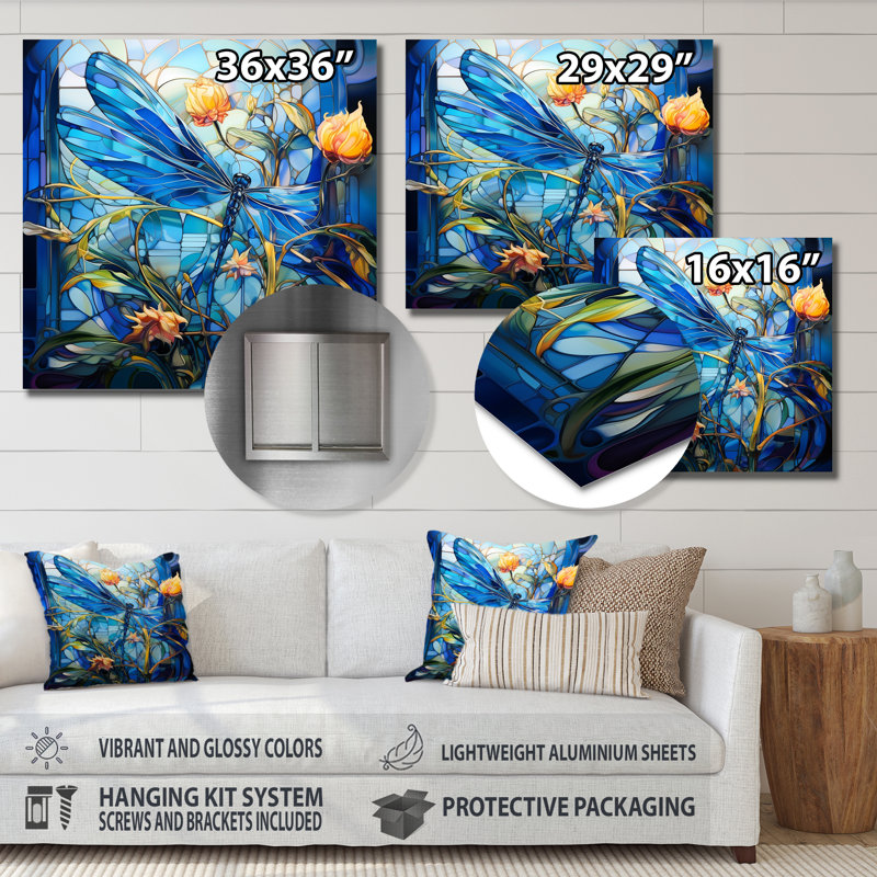 Libellule bleue, fleurs jaunes - Libellule, art mural, H 16 po x l 16 po, Sans cadre, métal