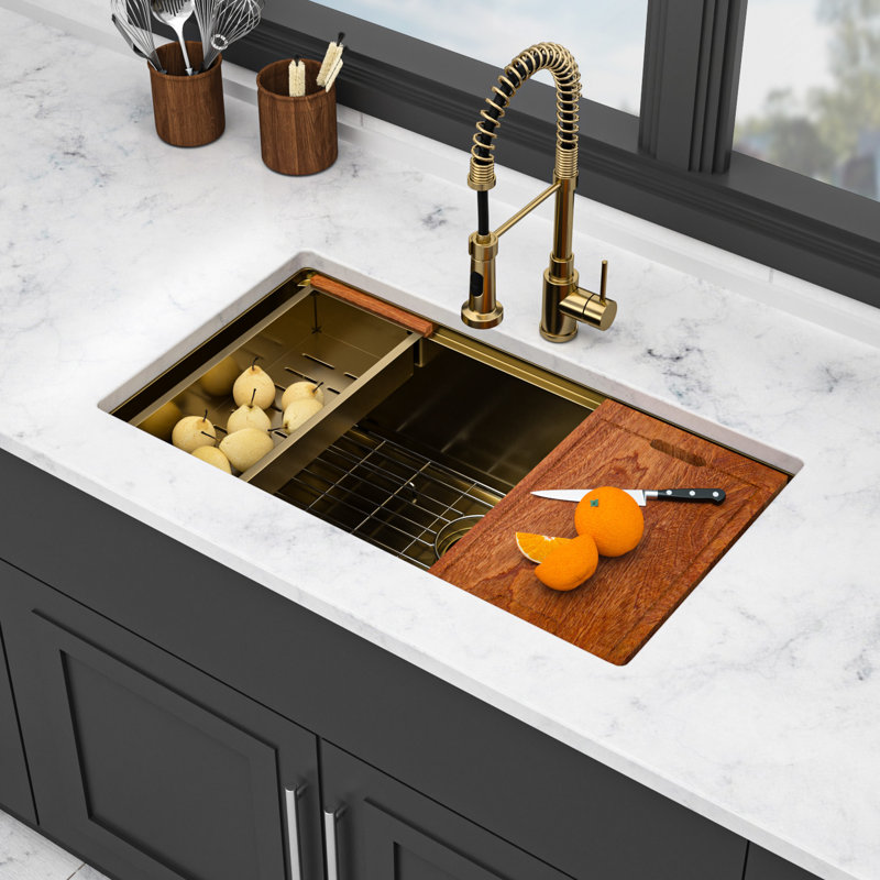 Évier de cuisine encastré doré, 16 Gauge, 76 x 48 x 25 cm, cuve unique, acier inoxydable 304, comptoir avec rail pour accessoires, coins arrondis R10, bonde en forme de X, revêtement épais, 3 mm