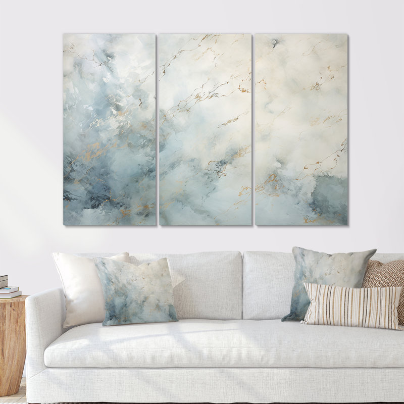 «Blue and White Snow Blooming - Abstract Shapes», ensemble d'art sur toile, Toile tendue, H 40 po x l 60 po x P 1 po