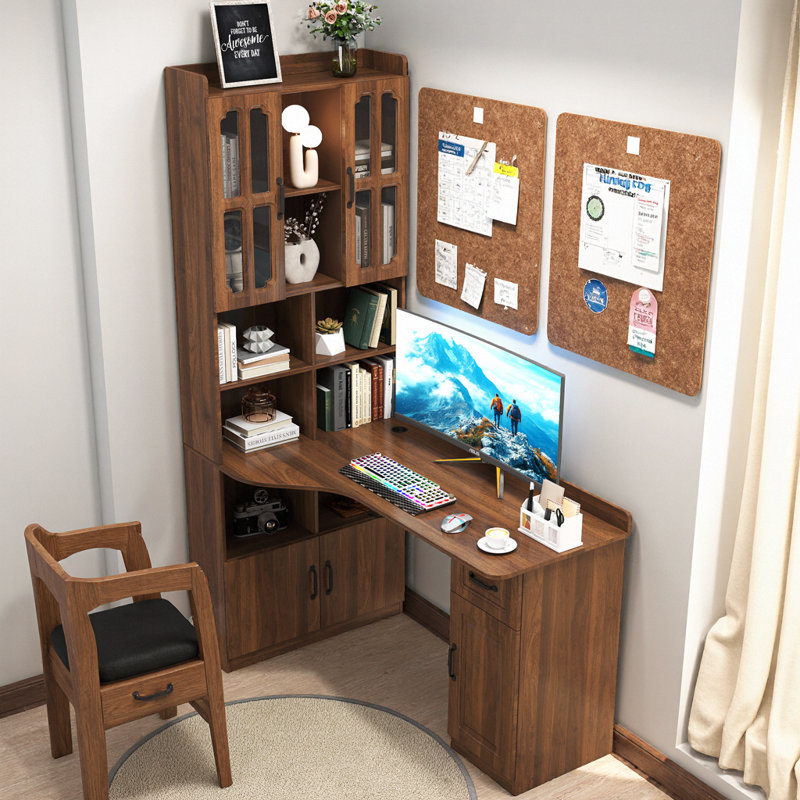 55" Walnut L-Desk + Hutch – 4 Cabinets, Drawer, Open Shelves, 76" Height, 2-in-1 Corner Design, 132 lb, Home-Office Command Center