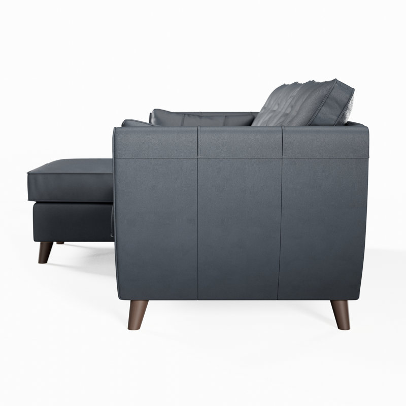 Hoxton 3 Seater Leather Maxi Sofa Chaise, Left Hand Facing, Navy, Dark Wood
