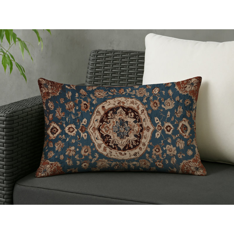 Coussin décoratif intérieur et extérieur Modern, Bleu marine / brun clair / beige damassé, Rectangle H 25 po x l 18 po