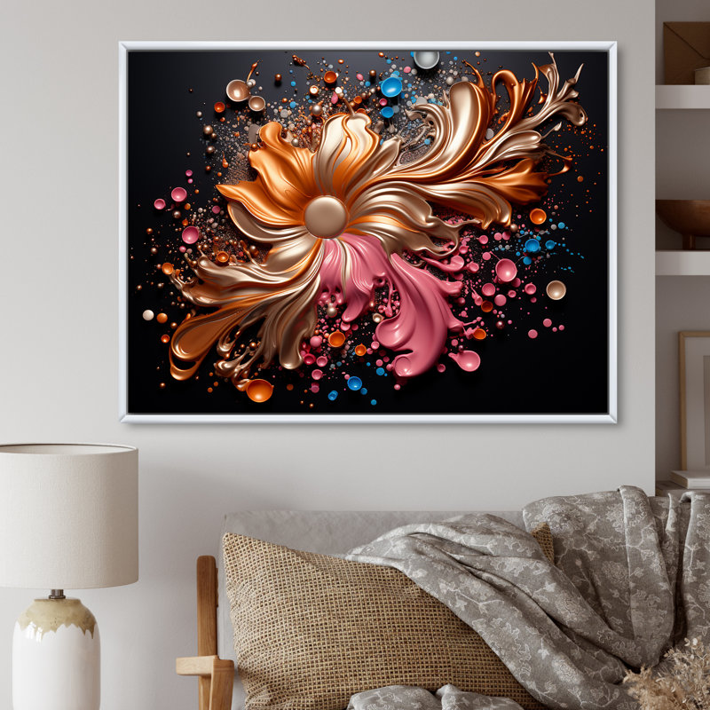 «Golden Flower Blossoming Paint Splatters» sur impression sur toile, 12" H x 20" W, Cadre flottant blanc