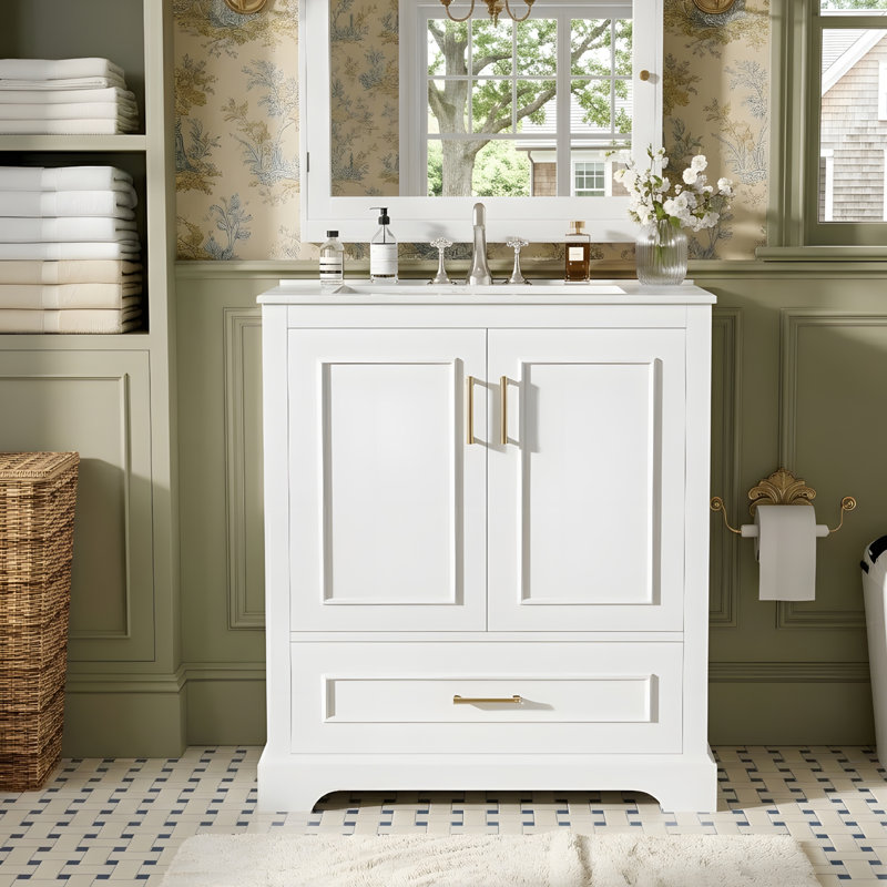 Meuble-lavabo moderne avec lavabo en céramique, Blanc, 28"