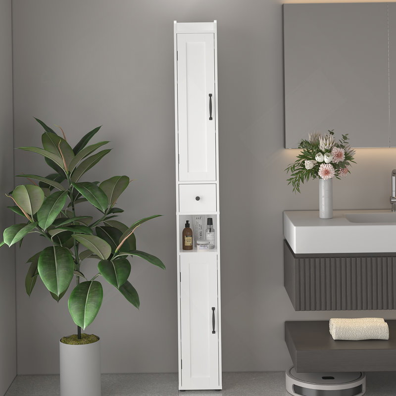 67.51" Tall Bathroom Storage Cabinet With Adjustable Shelves,Slim 2 Doors Freestanding Cabinet With Anti-Tip, Open Compartments, For Home, Small Spaces, Bathroom,Kitchen, Living Room, White