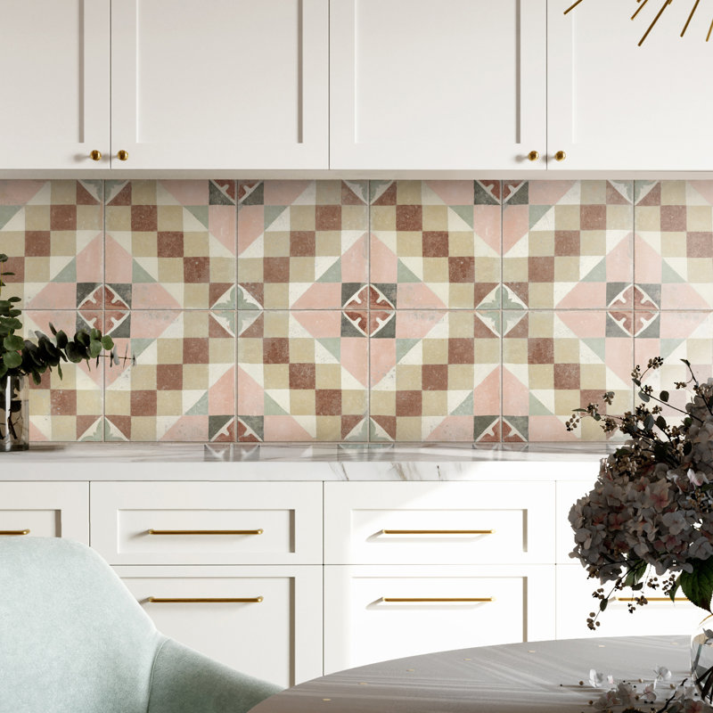 Kings Valentia 8-3/4 In. X 8-3/4 In. Porcelain Floor And Wall Tile, Red/Beige