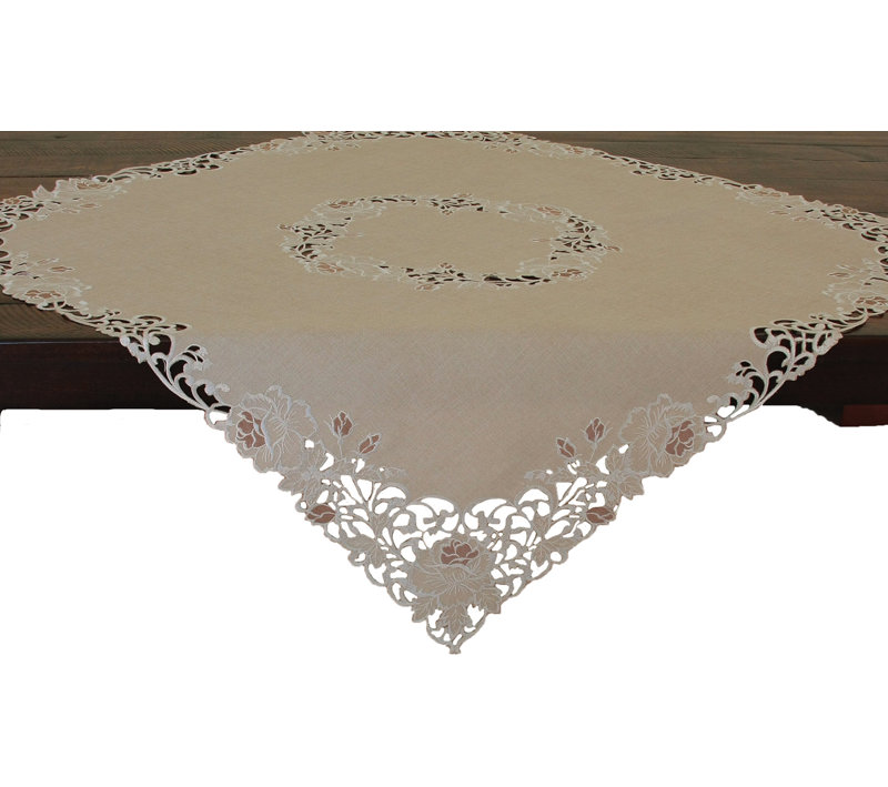 Scrolling Rose Embroidered Cutwork Table Topper