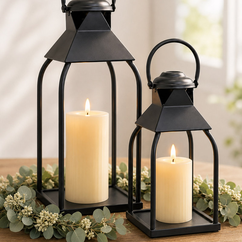 Ensemble de 2 porte-bougies en métal noir, lanternes décoratives