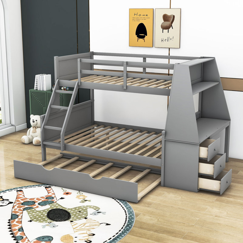 Falu Kids Twin Over Full Bunk Bed with Trundle with Drawers, Gray