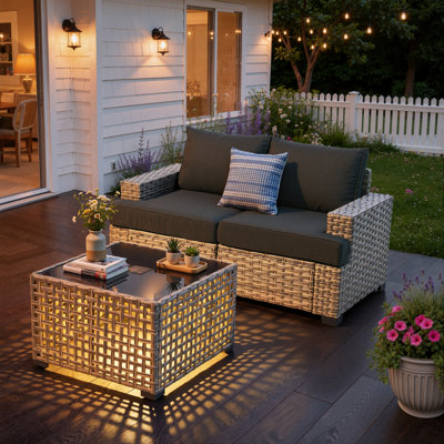 Wahkon 3 - Piece Outdoor Patio Sofa Wicker Modular Sectional Set With Lighted Coffee Table and Cushions